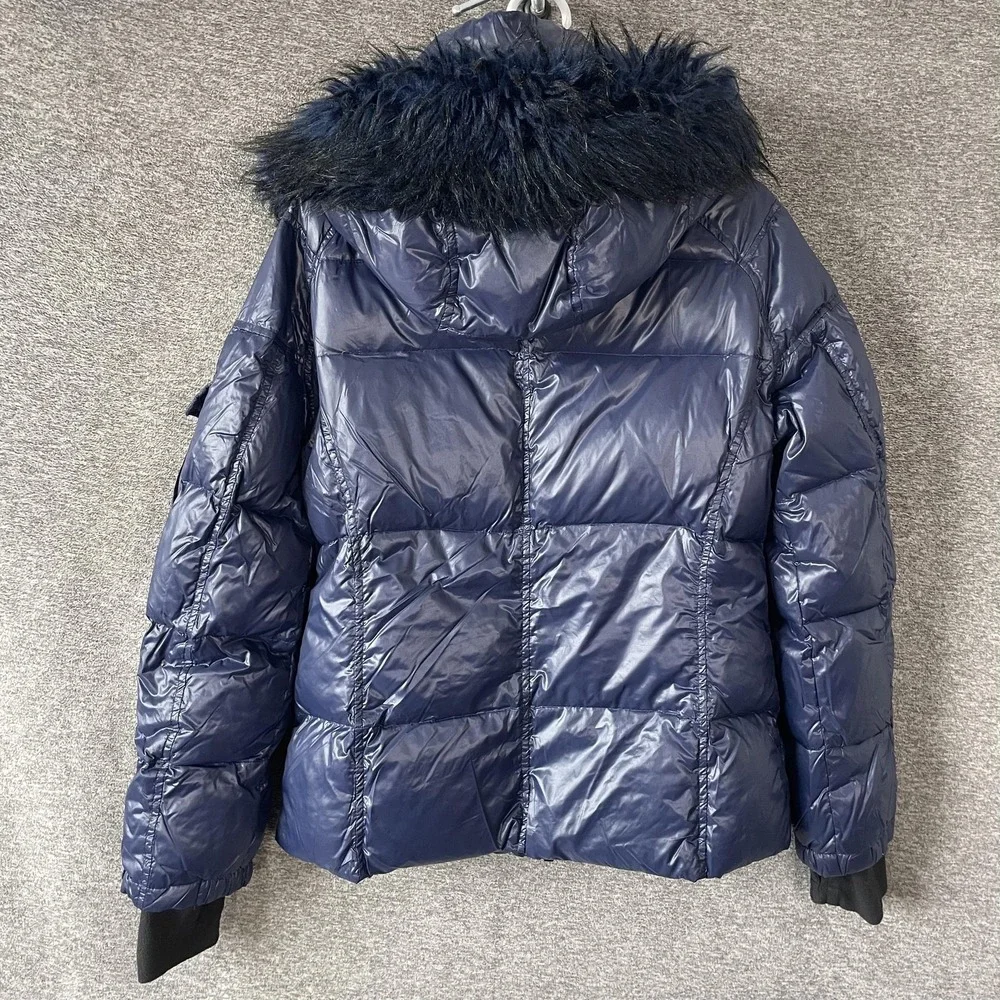 S13‎ NY Down Puffer Jacket Womens XL Blue Faux Fur Hood Short Zip Warm Winter